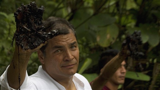 El presidente ecuatoriano, Rafael Correa, muestra una mano cubierta de petróleo cerca de un lugar que ha estado contaminado por Chevron-Texaco (17 de septiembre de 2013) © Guillermo Granja / Reuters