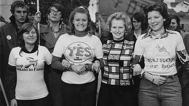 Margareth Thatcher estaba todavía en la oposición cuando se celebró el referendo de 1975 y apoyó la permanencia.
